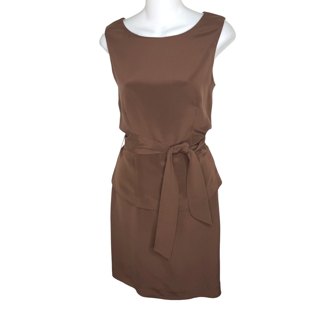 YL BY YAIR Silk Sheath Dress Brown Tie‎ Waist Sleeveless  Size 10 retro preppy